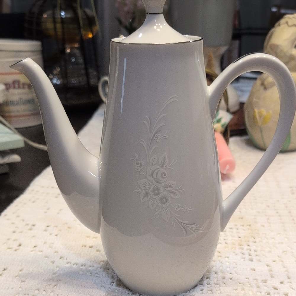 Sango White Ceramic Floral Coffee Pot with Silver Trim
